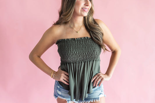 Can't Be Friends Smocked Strapless Top