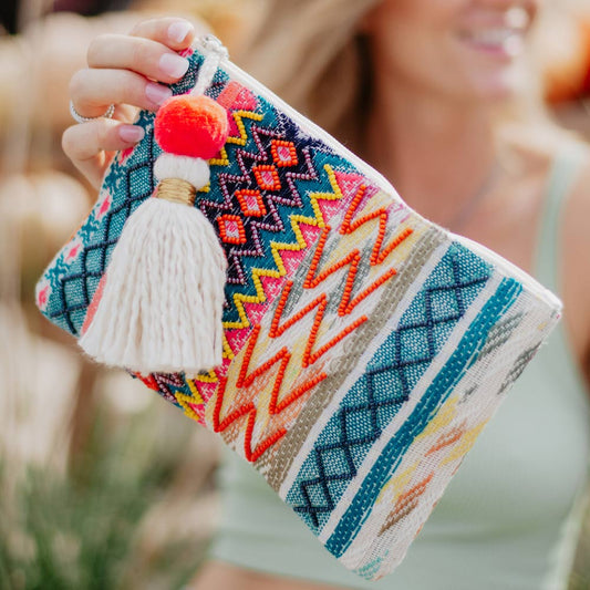 Multicolored Pocket Book with Frill and Pom Poms