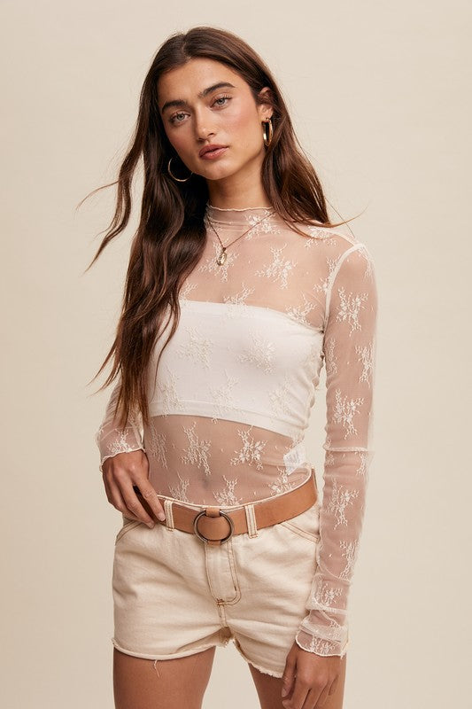 Lace Mock Neck Layering Top - Cream