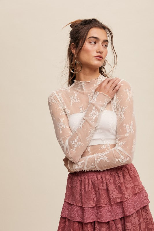 Lace Mock Neck Layering Top - Cream